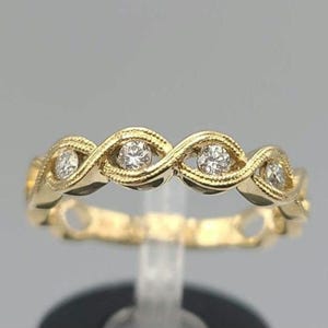 Vintage Infinity Design Diamond Ring 18k Yellow Gold 0.20 CTW Round Natural Diamond Wedding Band, Size 7.5 Appraised Estate Jewelry, w#755