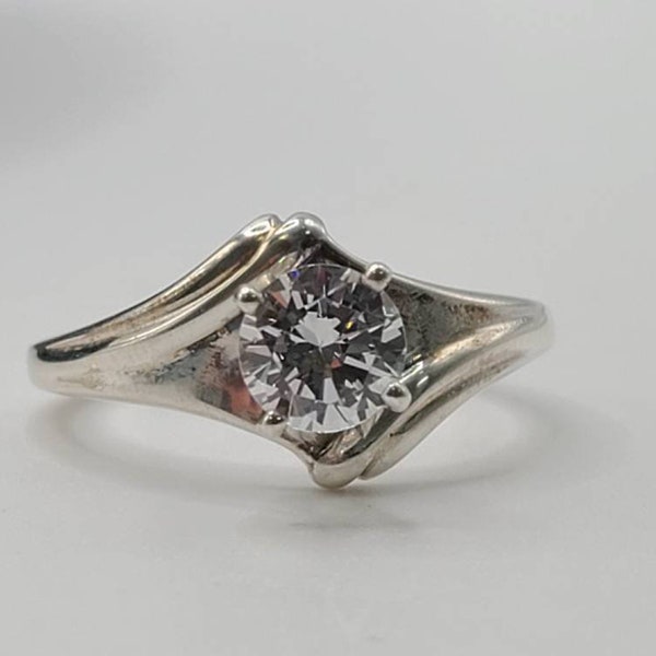 Sparkling Cubic Zirconia Ring, 925 Silver, CZ Solitaire Ring, April Birthstone, Vintage Estate Jewelry, Size 8.25,  w#1857