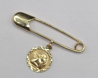 Vintage Guardian Angel Pin 14k Yellow Gold Cherub Charm Safety Pin, Designer Milor, Protection Jewelry, w#1888