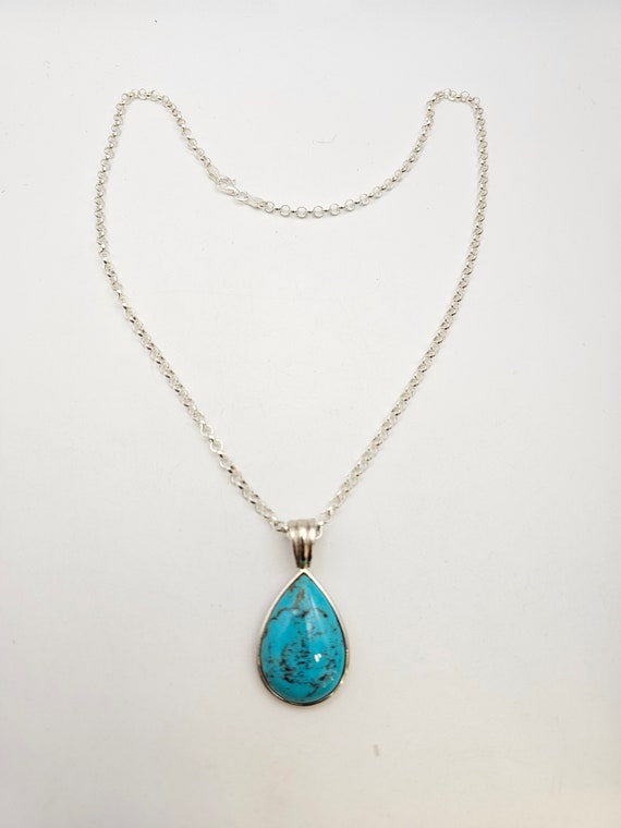 Turquoise Teardrop Pendant Necklace, 925 Silver, … - image 4