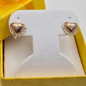 Aretes vintage de corazón con filigrana de oro de 14 k - Aretes con forma de corazón con corte de diamante - Joyería fina - Regalo de San Valentín, w#2881