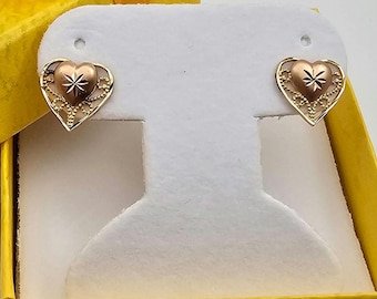 Vintage 14k Gold Filigree Heart Earrings - Diamond Cut Heart Shaped Studs - Fine Estate Jewelry - Sweetheart Valentine Gift, w#2881