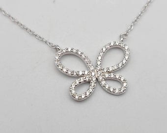 Vintage Cubic Zirconia Butterfly Necklace - 925 Sterling Silver - Estate Jewelry