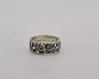 Wide Silver Floral Band, 925 Silver Band, Vintage Embossed Flower Band, Bohemian Jewelry, 7mm, Size 3.5, Item w#3559