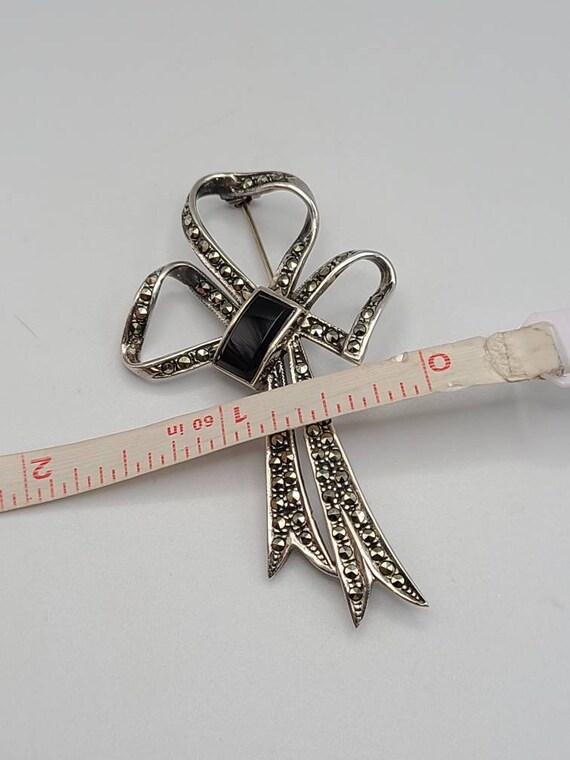 Marcasite and Onyx Bow Pin, 925 Silver, Marcasite… - image 7