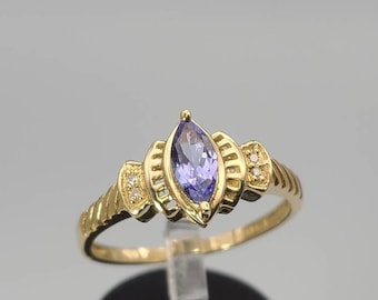Vintage 14k Yellow Gold Marquise Cut Amethyst Diamond Ring, Size 7.5, Estate Jewelry, w#491