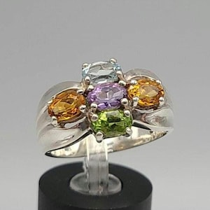 Vintage 925 Sterling Silver Multi-gem Cluster Ring - Colorful Gemstone Ring, Estate Jewelry, Size 10.75, w#2744