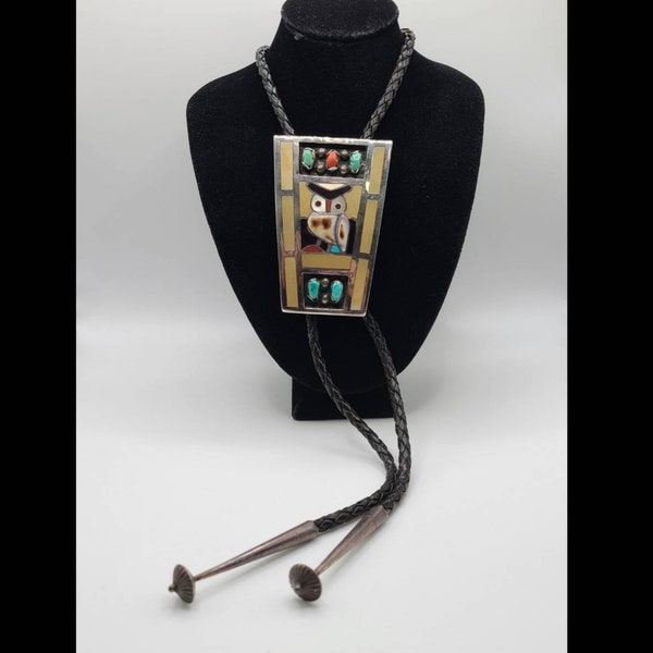 Inlaid Stone Owl Bolo Tie, Sterling Silver, Filbert and Clara Gasper, Zuni Bolo Tie, Vintage Estate Jewelry, Item w#1934