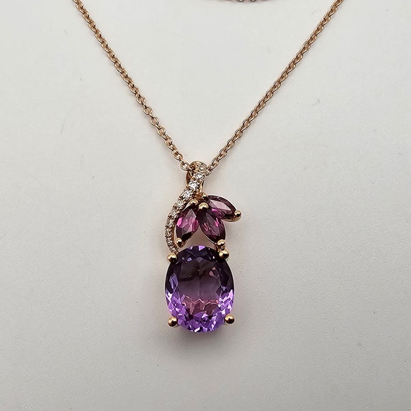 Amethyst, Rhodolite Garnet, and Diamond Pendant Necklace in 14kt Rose Gold, Effy Jewelry, Estate Jewelry, Birthday Gift for Her, w#214