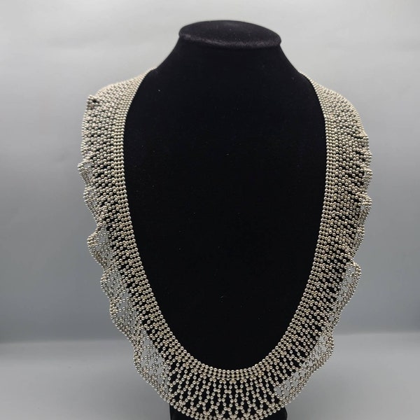 Flli Menegatti Silver Beaded Ruffled Collar Necklace, 925 Silver Beaded Necklace, Vintage  Woven Beaded Necklace Item w#1682