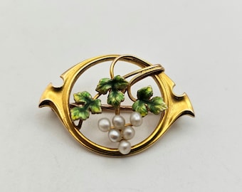 Antique Grape Cluster Pearl Brooch 10k Yellow Gold Petite Enameled Nature Inspired Brooch, Estate Jewelry, w#1067