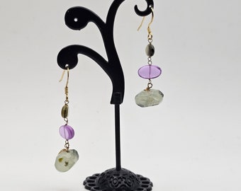 Amethyst, Smoky Quartz, and Moss Agate Earrings, 925 Silver Gold Vermeil, Bohemian Earrings, Estate Jewelry, w#2621