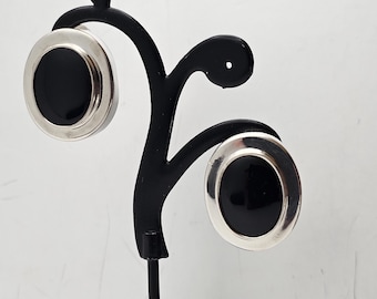 Vintage 925 Sterling Silver Black Onyx Clip-on Earrings - Estate Jewelry