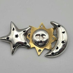 Vintage Mexican Sterling Silver Sun Moon and Star Brooch – Two Tone Puffy Celestial Pin, Mexican Artisan Signed, Estate Jewelry, w#3473