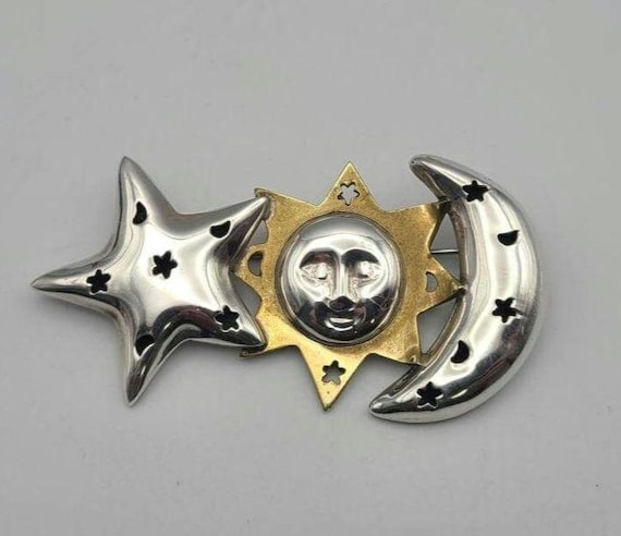 Vintage Sun Moon and Star Brooch: 925 Sterling Si… - image 1