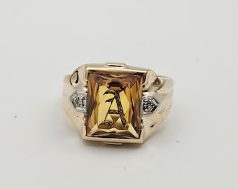 Vintage 10k Yellow Gold Monogram A Yellow Glass Diamond Ring, Estate Jewelry, Size 10.5, w#942