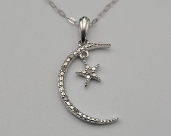 Moon and Star Diamond Necklace in 925 Silver, Diamond Jewelry, Celestial Necklace, April Birthday Gift, w#2807