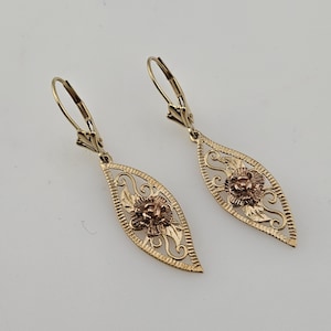 Vintage Filigree Rose Earrings 14k Gold Openwork Floral Flower Earrings, Estate Jewelry, w#3561