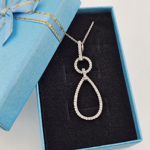 Vintage 14k White Gold Diamond Necklace – 1 CTW Natural Diamonds, Geometric Circle and Teardrop Pendant, Elegant Estate Jewelry, W#3258