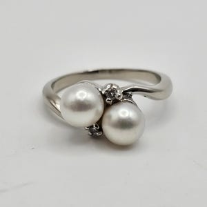 Double Pearl and Diamond Ring 14k Gold, 6mm Pearls, June Birthstone Ring, Vintage Estate Jewelry, Size 7, w#1481