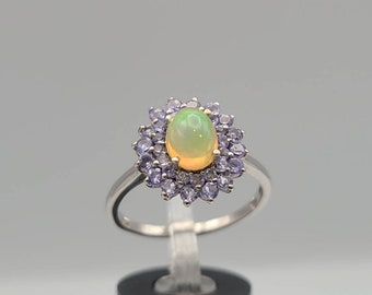 Opal and Tanzanite Halo Ring, 925 Silver, October Birthstone Ring, Estate Jewelry, Gift for Her, Size 10, (Item w#207)