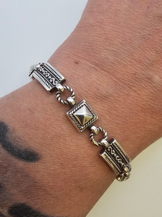 Vintage 925 Silver Ornate Panel Taiwanese Bracelet, Signed LT