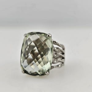 Vintage 925 Sterling Silver Green Amethyst Ring - 14ct Fancy Checkerboard Cut Pale Green Gem Statement Ring, Size 9, Estate Jewelry, w#4050