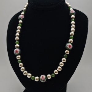 Vintage Floral Cloisonne Necklace 925 Sterling Silver Beaded Flower Necklace, Estate Jewelry, w#153