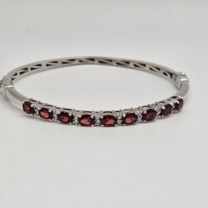 Vintage 925 Sterling Silver Cubic Zirconia Garnet Hinged Bangle Bracelet, 5.22 CTW Garnets, Estate Jewelry, w#2730