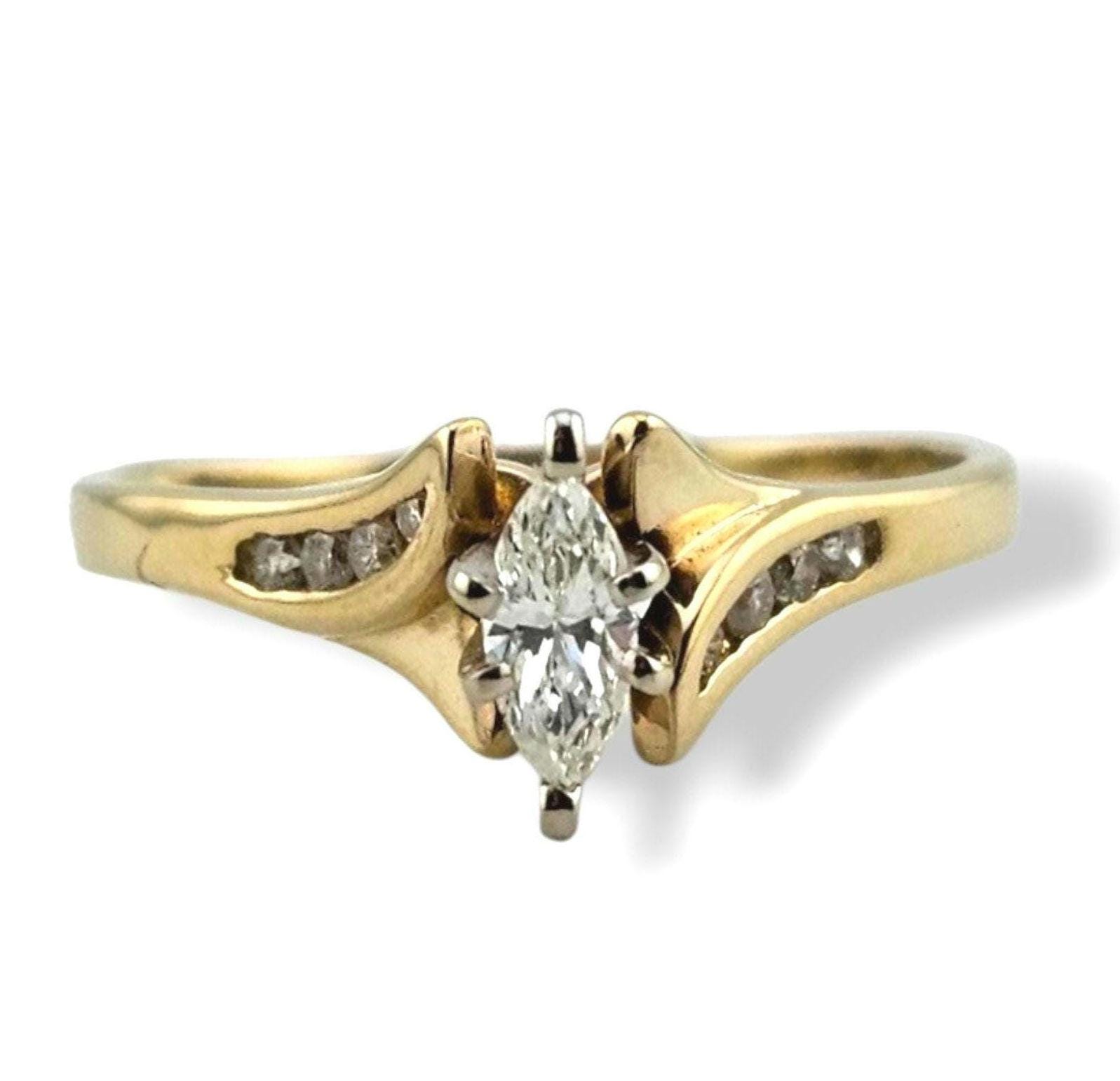 Vintage 14k Yellow Gold Marquise Diamond Engagement Ring - Estate ...