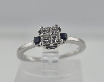 Vintage Diamond and Blue Sapphire Ring 14kt White Gold Petite Princess-cut Diamond Ring, Size 5.25, w#825