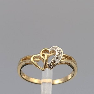 Diamond Heart Ring, 10k Yellow Gold, Double Heart and Diamond Ring, Vintage Estate Jewelry, Gift For Her, Size 6, Item w#1756