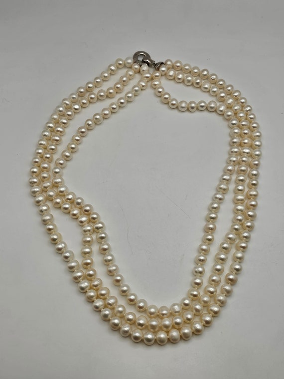 Multi-Strand Pearl Necklace, 925 Silver, Triple S… - image 4