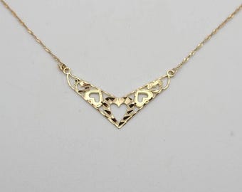 Vintage 14k Yellow Gold Chevron Heart Necklace, Estate Jewelry, w#2465