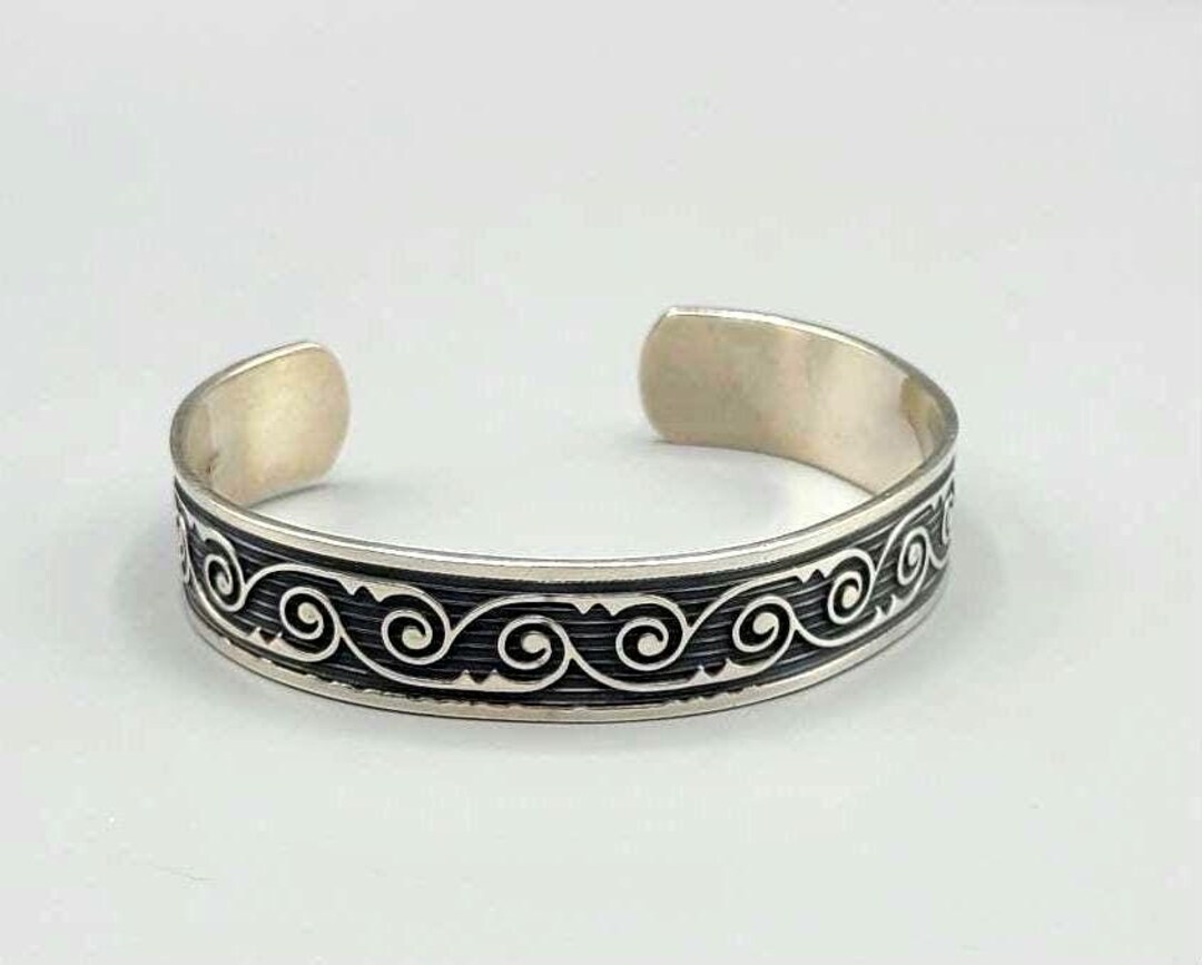 Vintage Ornate Swirling Wave Cuff Bracelet 925 Sterling