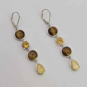 Vintage 925 Silver Tiger&#39;s eye, Mother of Pearl, and Citrine Multi-Gem Earrings, Estate Jewelry, w#3513