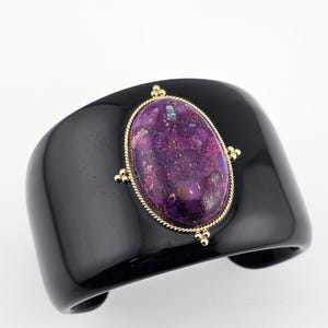 Vintage Wide Black Lucite Ruby Zoisite Cuff Bracelet - 14k Yellow Gold - Estate Jewelry