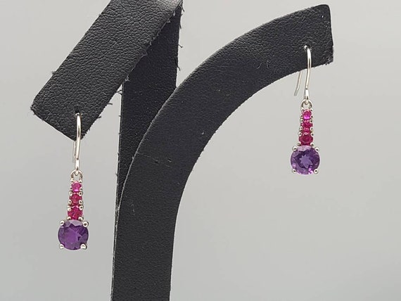 Pink Cubic Zirconia and Amethyst Earrings, 925 Si… - image 1