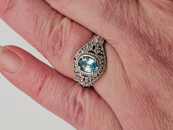 Blue Zircon and Green Diamond Ring, 925 Silver, .… - image 2