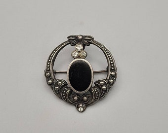 Vintage 925 Silver Black Onyx Brooch, Vintage Estate Jewelry, Gift Wrap Topper, Gift for Her, Item w#1633
