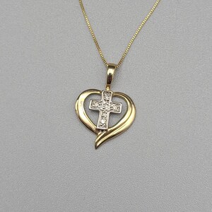 Diamond Cross Heart Necklace, 10k Yellow Gold, Cross Necklace, Vintage Estate Jewelry, April Birthstone, Diamond Necklace, w#1809