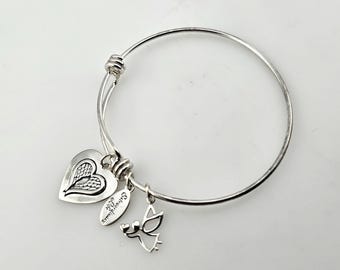 Vintage Extraordinary Life 925 Sterling Angel Heart Protection Bangle Bracelet - Estate Jewelry