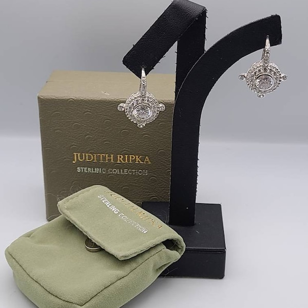 Judith Ripka Diamonique Drop Earrings, 925 Sterling Silver Rope Accent CZ Earrings, Designer Ripka Cubic Zirconia Earrings Item w#3014