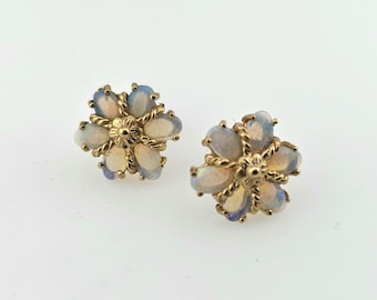 Vintage Ethiopian Opal Cluster Earrings - 14k Yellow Gold - Floral Design - Estate Jewelry