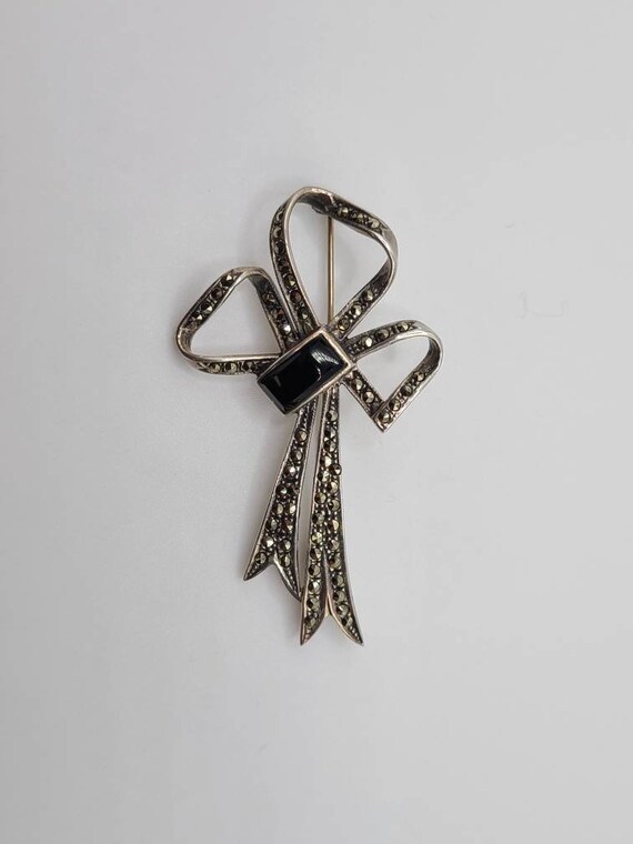 Marcasite and Onyx Bow Pin, 925 Silver, Marcasite… - image 5