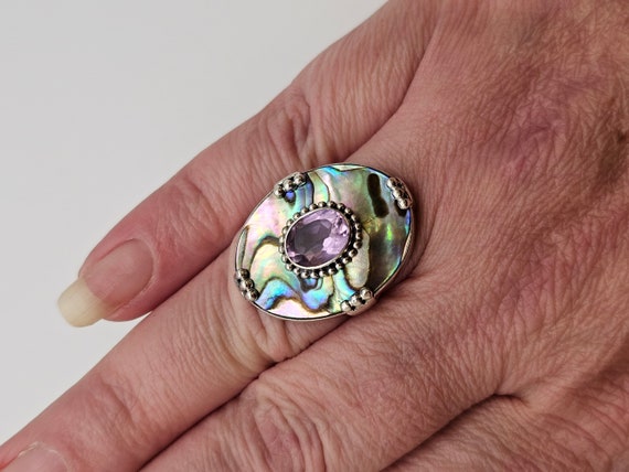 Amethyst Abalone Shell Ring 925 Sterling Silver V… - image 2