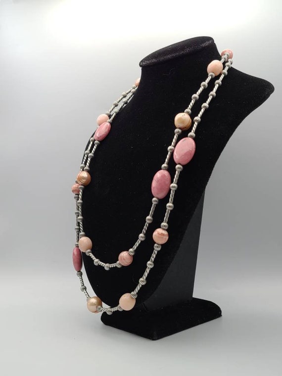 Rhodochrosite, Rhodonite, and Pearl Necklace, 925… - image 3