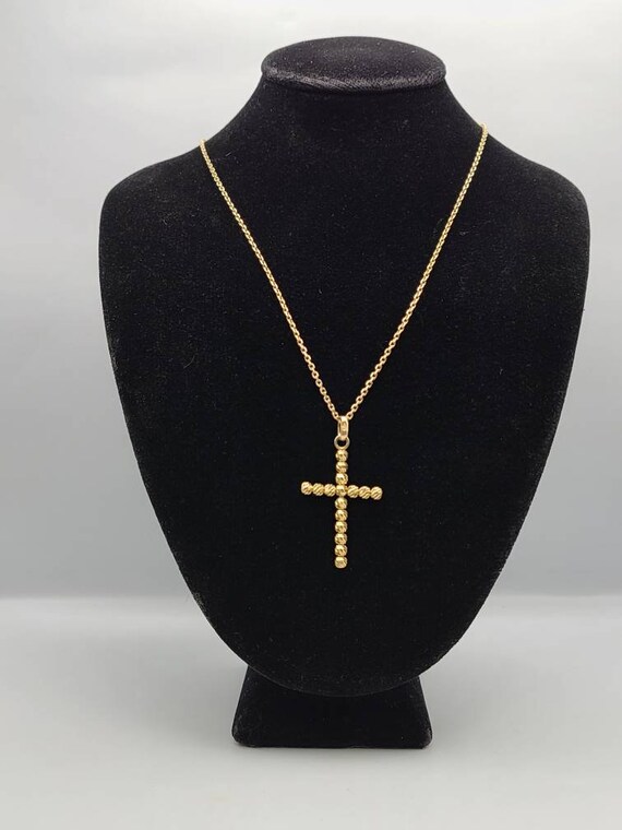 Gold Bead Cross Necklace, 14kt Yellow Gold, Vinta… - image 2