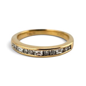 Anillo de boda vintage de oro amarillo de 14k con diamantes redondos y baguette, talla 4.5 - 0.22 CTW