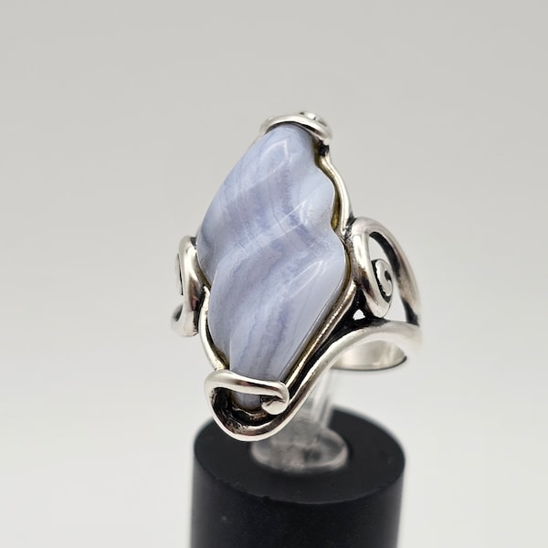 Blue Lace Agate Ring in 925 Silver, Designer Carolyn Pollack, Southwestern Ring, Estate Jewelry, Size 9.25, w#929